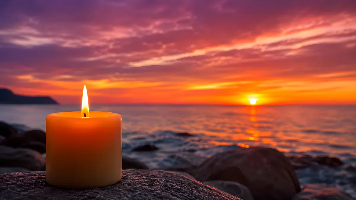 Brennende Kerze auf Felsen am Meer beim Sonnenuntergang