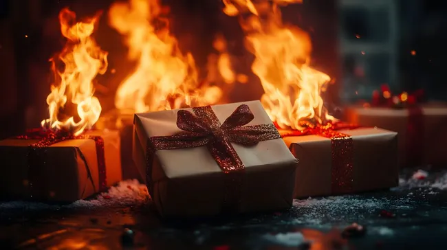 Brennende Weihnachtsgeschenke vor offenem Feuer