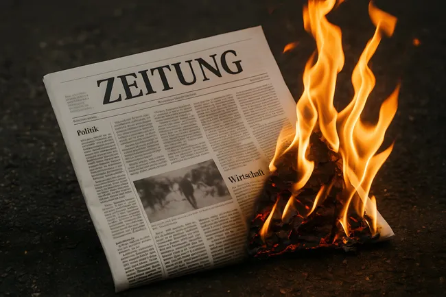 Brennende Zeitung auf Asphalt mit lodernden Flammen