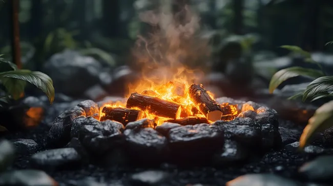 Brennender Lagerfeuerplatz im idyllischen Waldgebiet