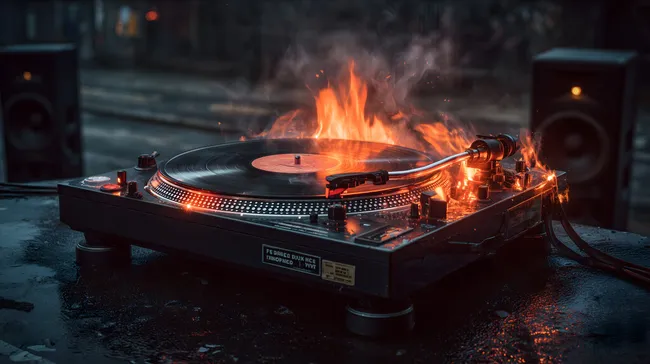 Brennender Plattenspieler mit loderndem Vinyl in Nachtkulisse