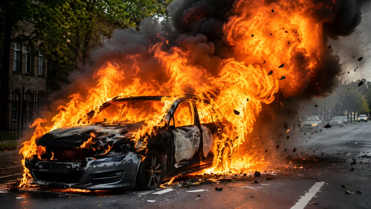 Brennendes Auto auf Stadtstraße mit Feuerbällen