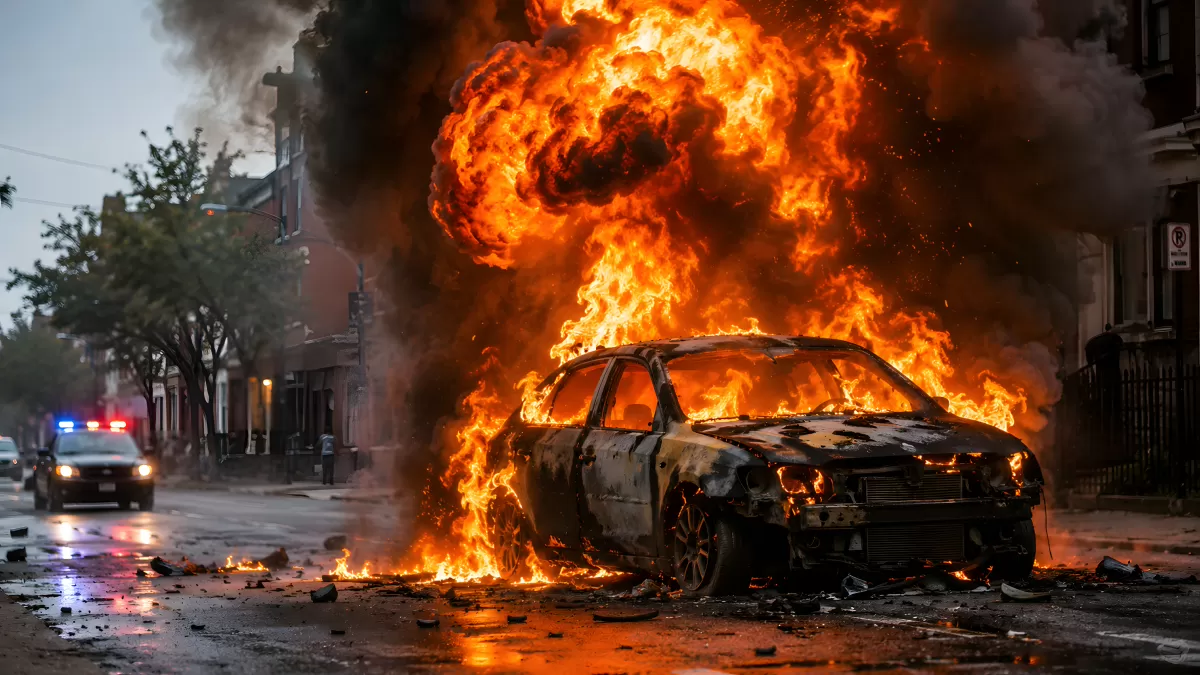 Brennendes Auto auf städtischer Straße mit Feuerwolke