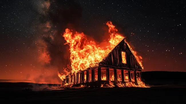 Brennendes historisches Holzhaus in der Nacht