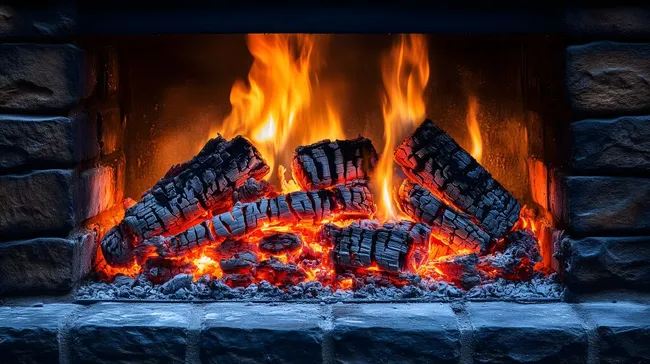 Brennendes Holz mit glühenden Kohlen im Kamin