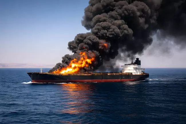 Brennendes Öltanker-Schiff auf hoher See