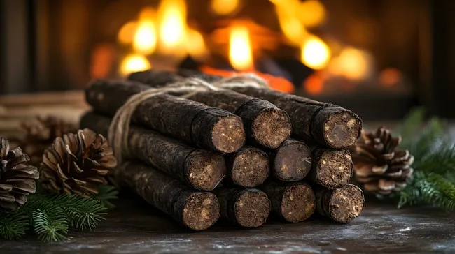 Brennholz und Tannenzapfen vor Kamin