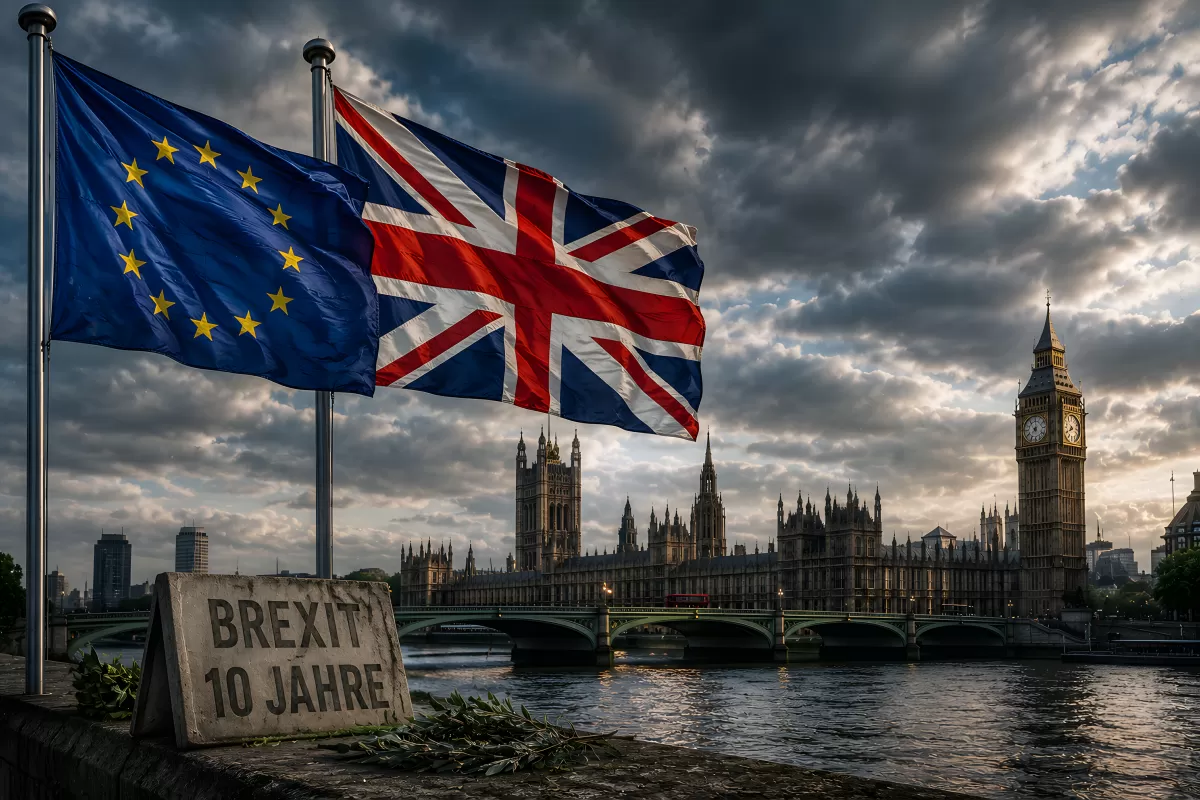 Brexit 10 Jahre – EU- und Unionsflagge vor dem Parlament