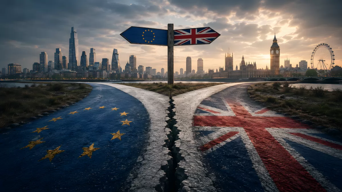 Brexit-Symbolbild mit EU- und UK-Flaggen an Wegkreuzung
