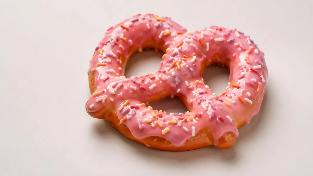Brezel mit rosa Zuckerguss und bunten Streuseln — Bild kostenlos herunterladen