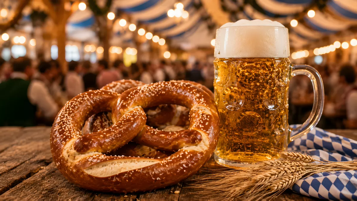 Brezel und Bier auf dem Oktoberfest in München