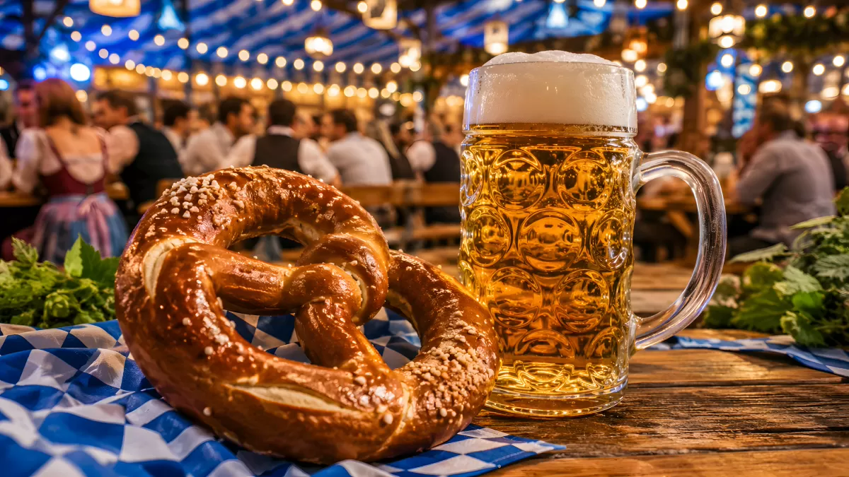 Brezel und Maßkrug auf dem Oktoberfest in München