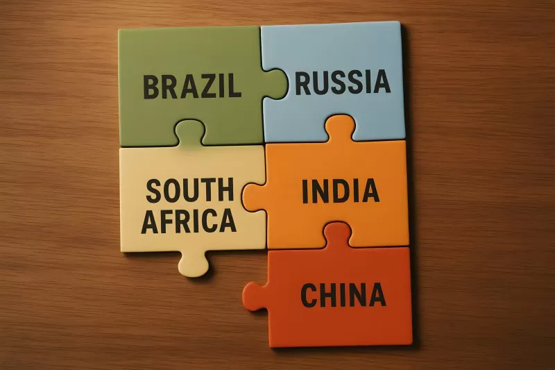 BRICS Länder als Puzzleteile auf Holztisch