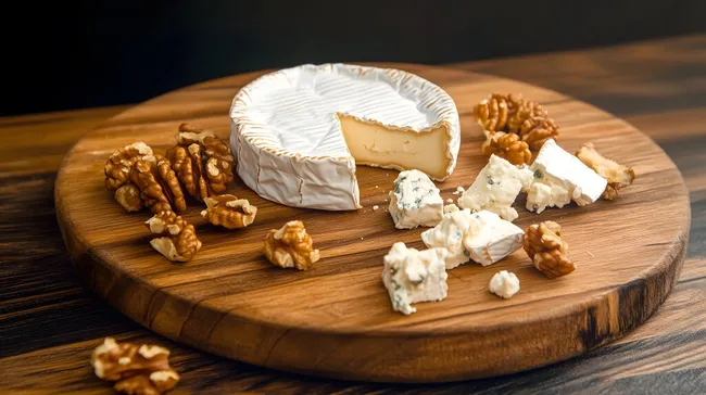 Brie-Käseplatte mit Walnüssen auf Holzbrett