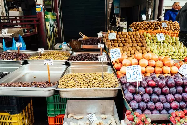 Bright and colorful fruits for sale at street market in Athens