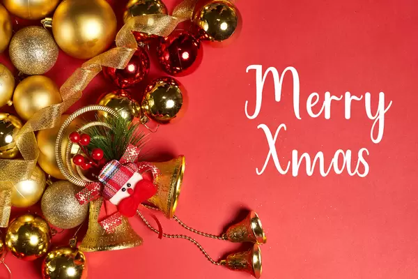 Bright and colorful xmas decors on red