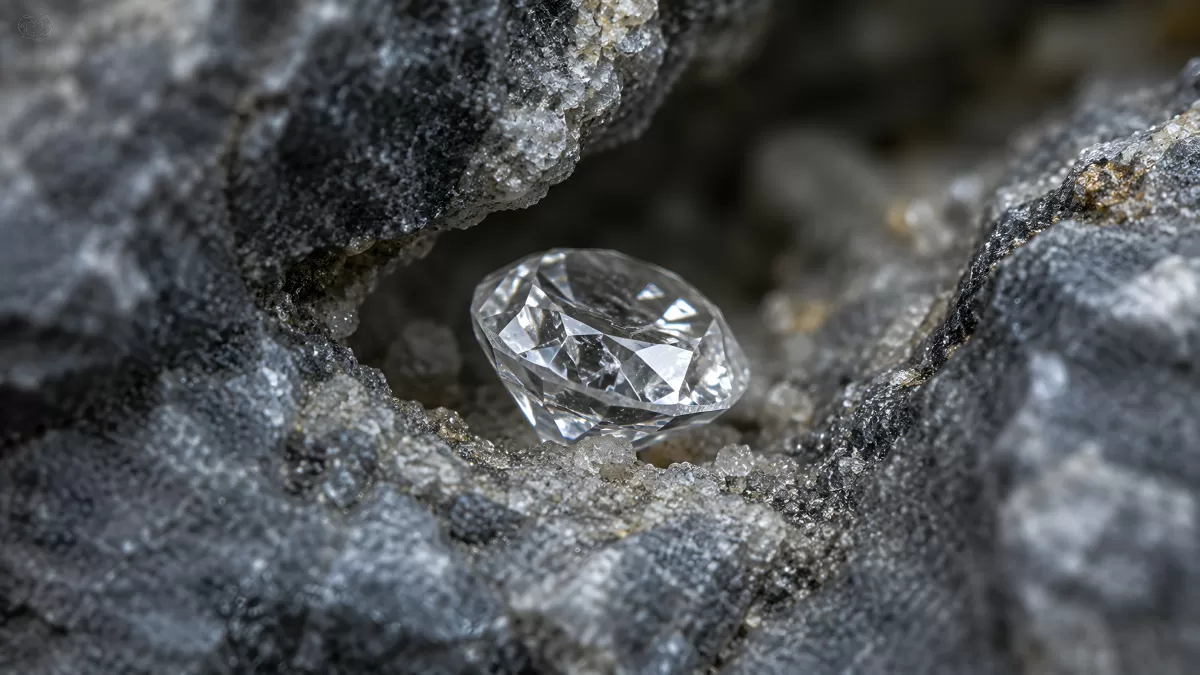 Brillantgeschliffener Diamant in grauem Felsgestein