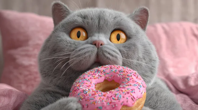 Britische Kurzhaarkatze genießt rosa Donut