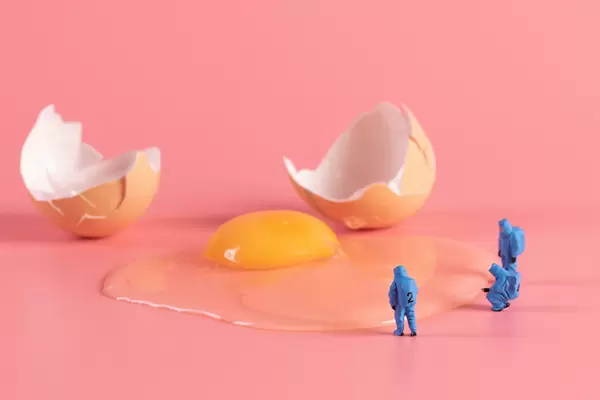 Broken brown chicken egg with miniature workers in protective clothes