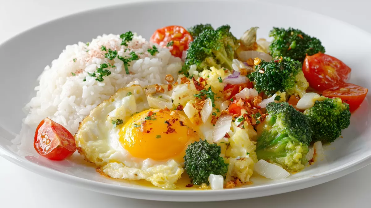 Brokkoli Tomaten Hackauflauf mit Spiegelei und Reis