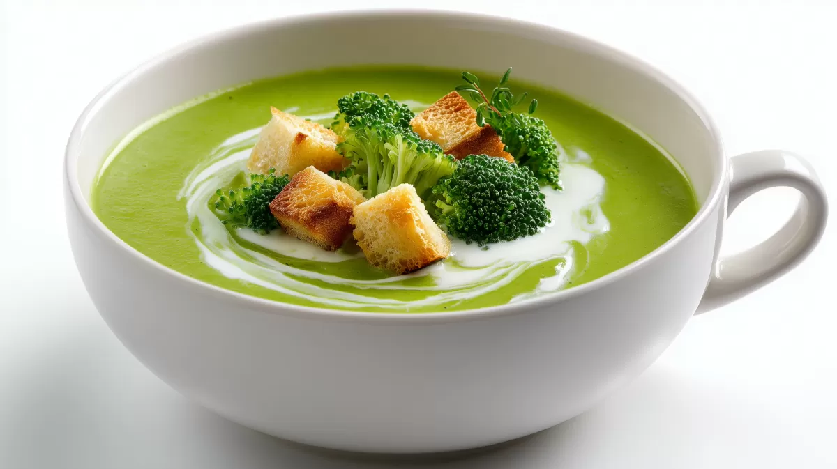 Brokkolicremesuppe mit Croutons in weißer Schale