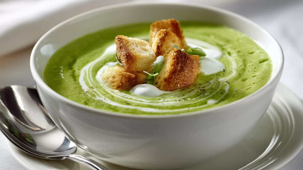 Brokkolicremesuppe mit Croutons und Sahnewirbel