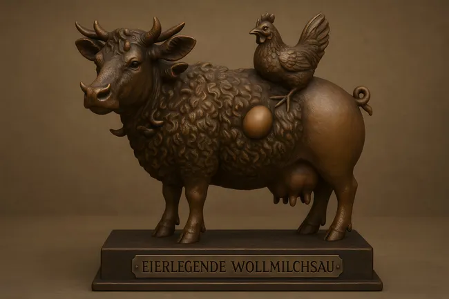 Bronze-Skulptur der 'Eierlegenden Wollmilchsau' als Metapher