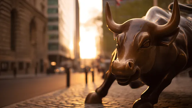 Bronzener Bulle vor Sonnenuntergang in New York City