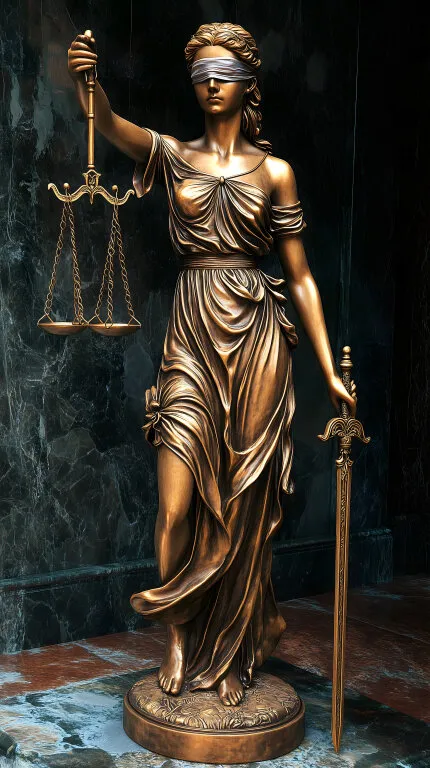 Bronzestatue der Göttin der Gerechtigkeit mit Waage und Schwert