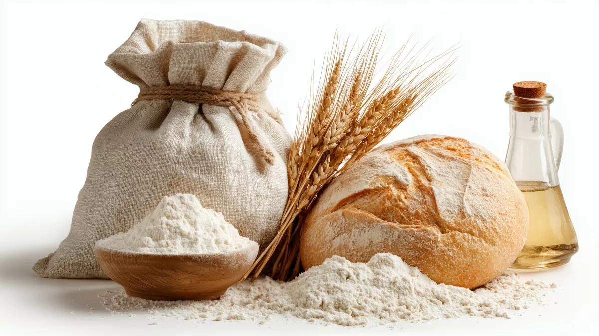 Brot, Mehl und Getreide auf dem Tisch