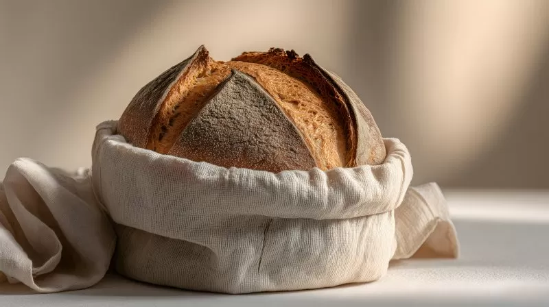 Brotlaib im Stoffbeutel auf hellem Hintergrund