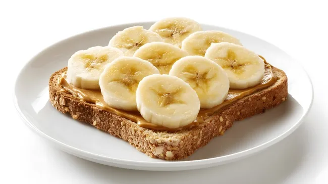 Brotscheibe mit Bananenscheiben und Erdnussbutter