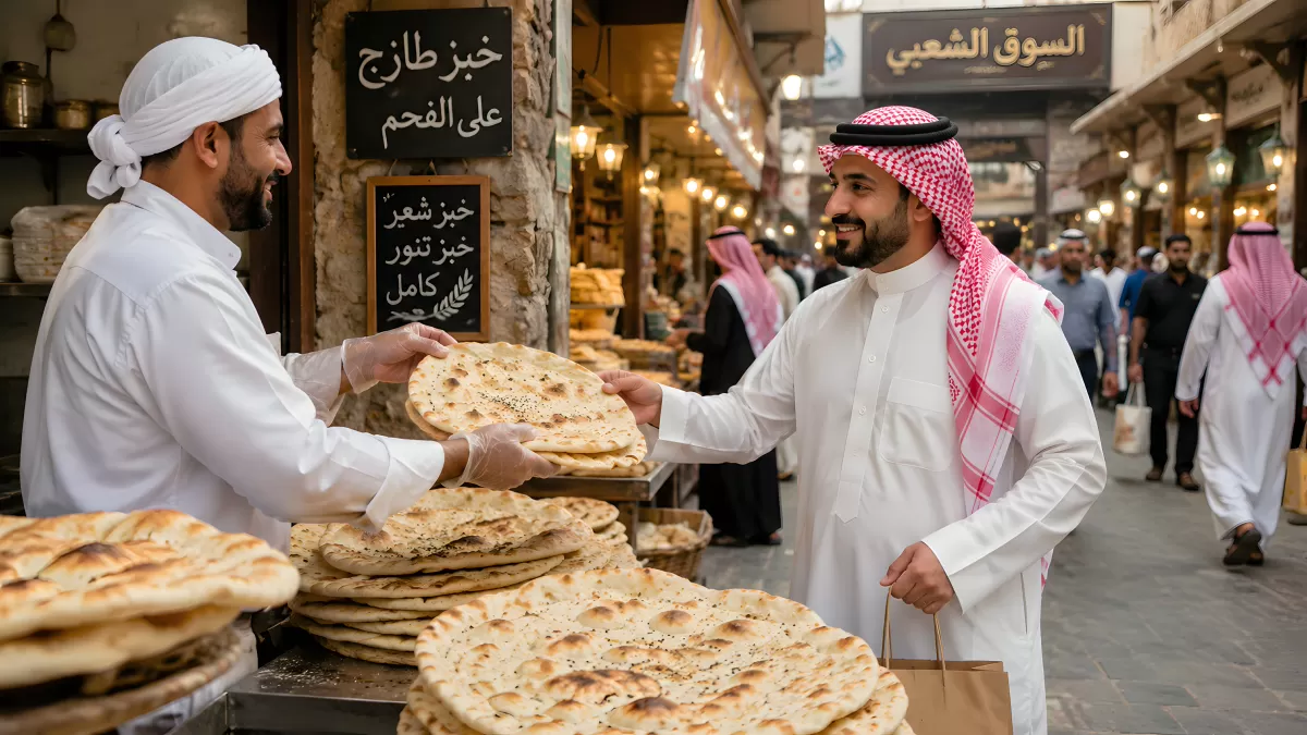 Brotverkäufer auf arabischem Markt reicht Fladenbrot