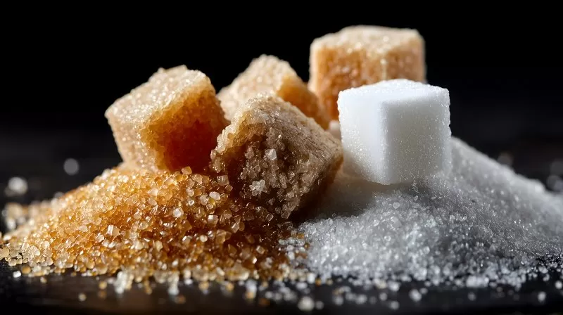 Brown and white sugar cubes in macro view on black background