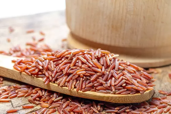 Brown rice in a wooden spoon closeup (Flip 2019)