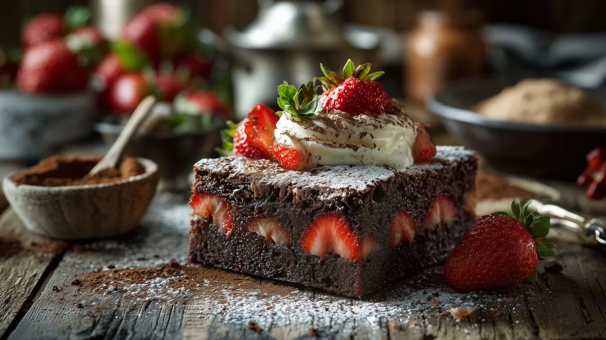 Brownie mit Erdbeeren und Quarkhaube auf Holz