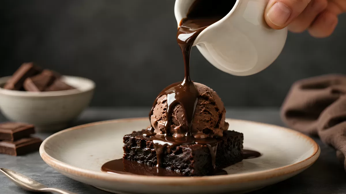 Brownie mit Schokoladeneis und heißer Sauce