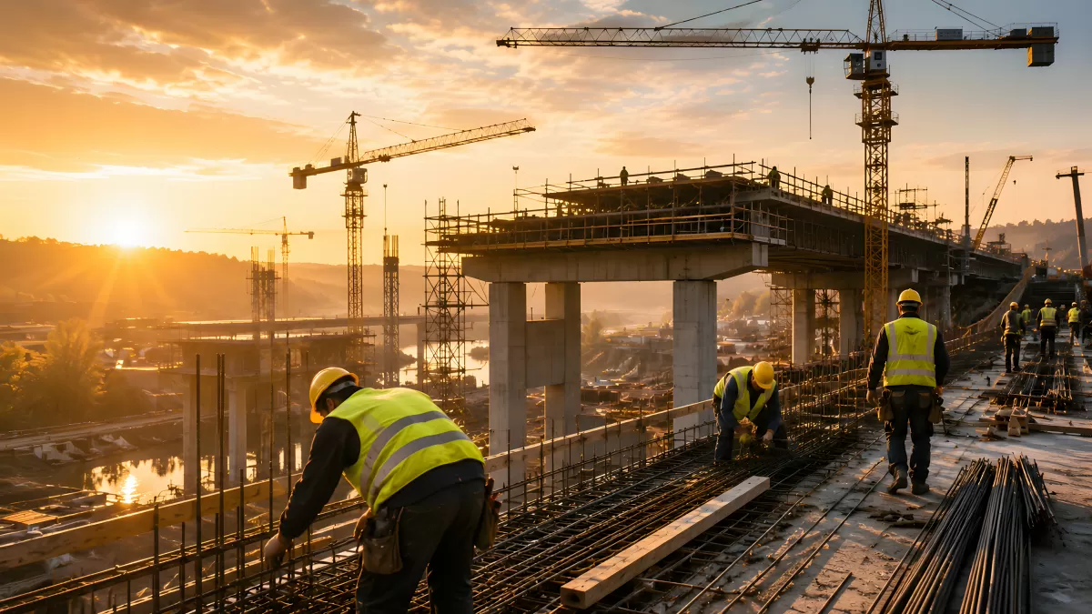 Brückenbau bei Sonnenuntergang mit Arbeitern