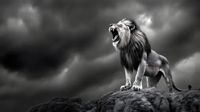 Brüllender Löwe auf Felsen unter Gewitterhimmel
