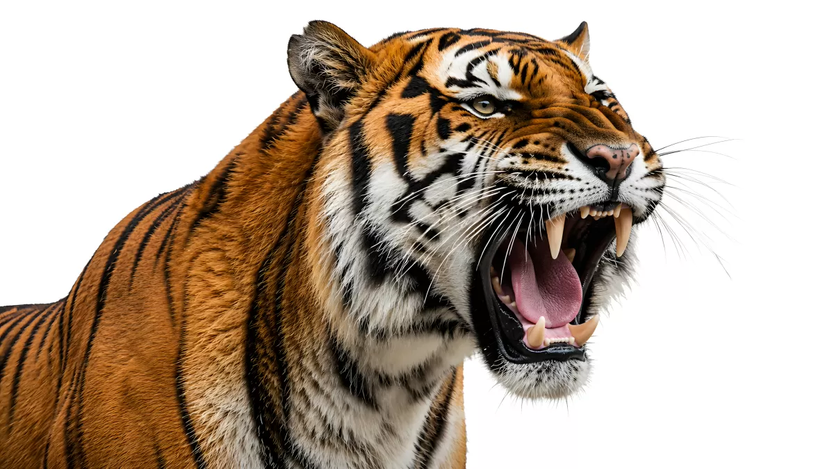 Brüllender Tiger in Nahaufnahme vor weißem Hintergrund