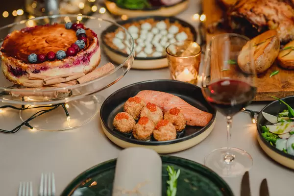 Brunch Table With Salmon, Cheese Balls And Cheese Cake