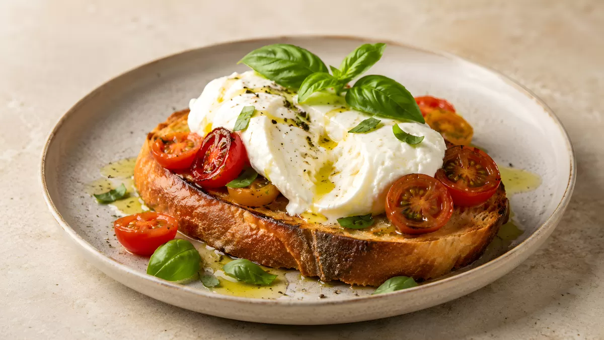 Bruschetta mit Burrata, Tomaten und frischem Basilikum