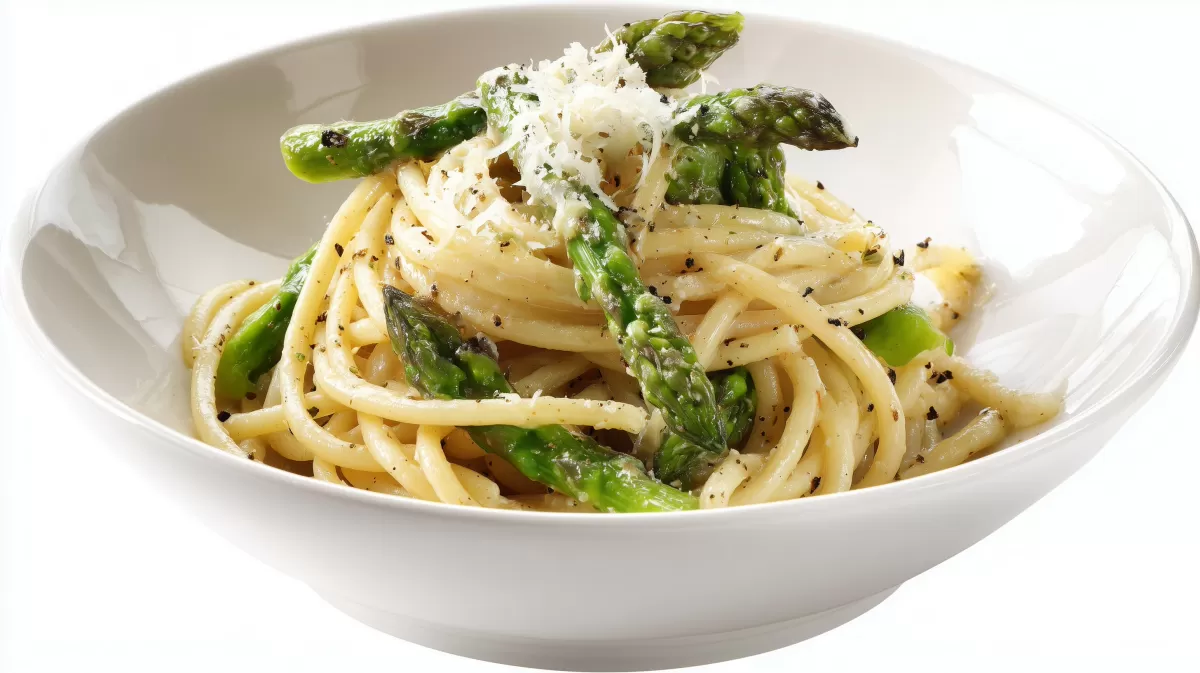 Bucatini Cacio e Spargel mit Pecorino im Teller
