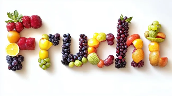 Buchstaben aus bunten Früchten geformt