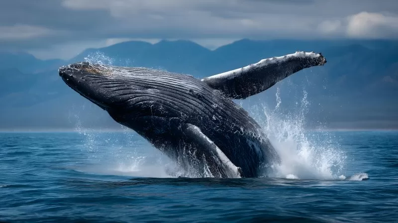 Buckelwal springt aus dem Ozean bei blauem Himmel