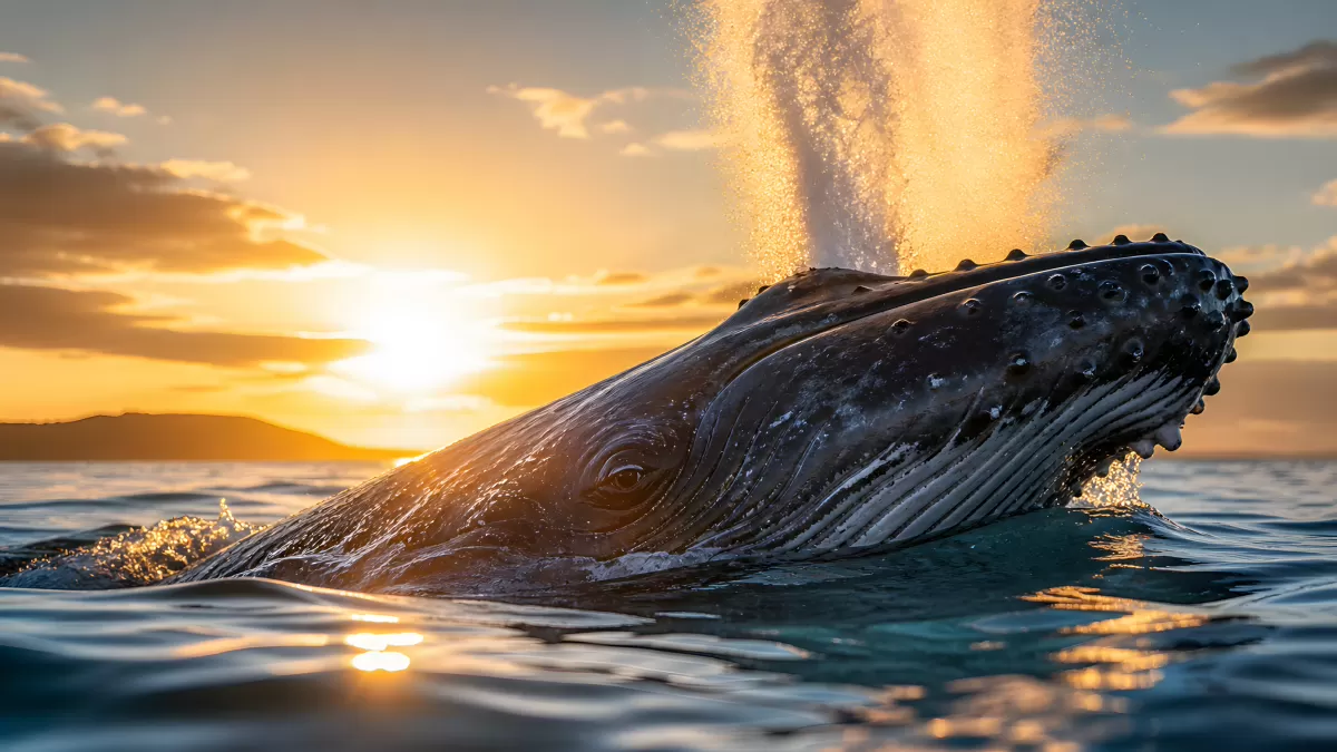 Buckelwal taucht bei Sonnenuntergang aus dem Meer auf