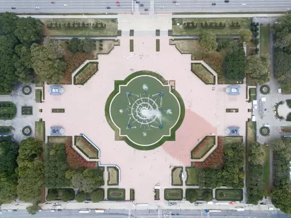 Buckingham Fountain im Grant Park aus der Vogelperspektive