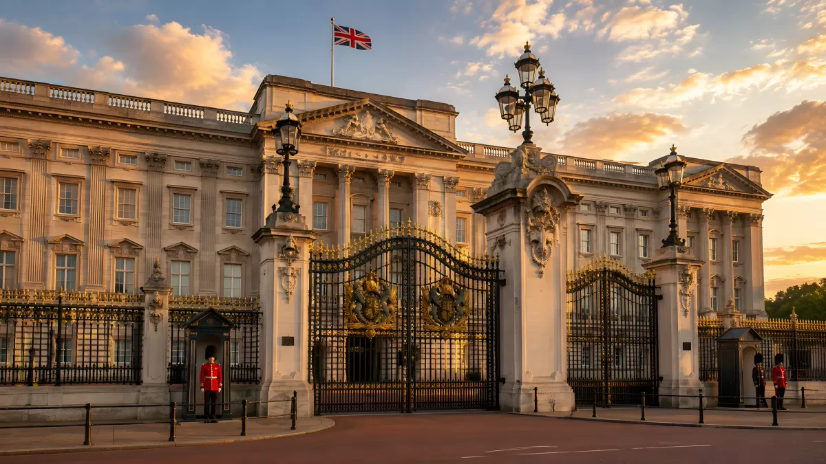 Buckingham Palace bei Sonnenuntergang mit Wachsoldaten