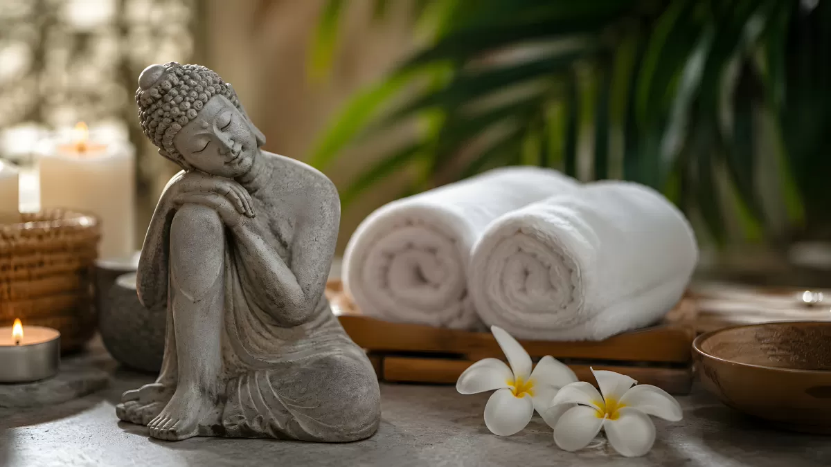 Buddha-Figur mit Kerzen und Handtüchern im Spa — Bild kostenlos herunterladen
