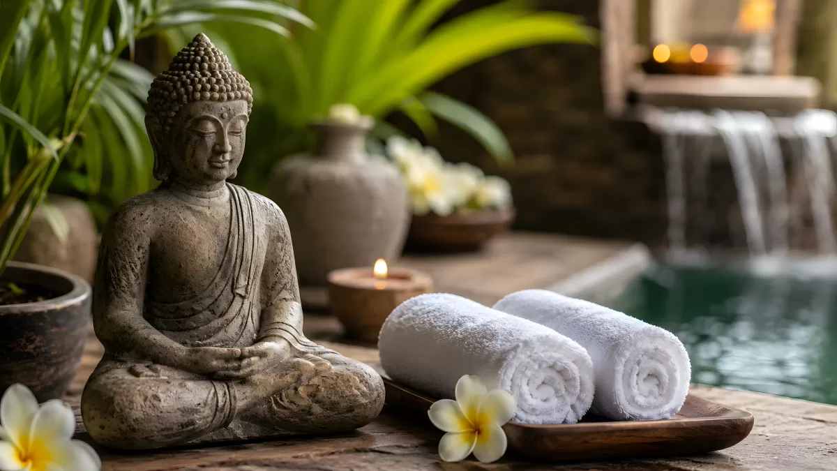 Buddha-Statue am Spa-Pool mit Handtüchern und Kerze